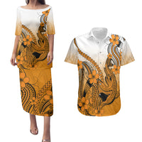 Hawaii Couples Matching Puletasi Dress and Hawaiian Shirt Polynesian Shark Tattoo With Plumeria Orange Gradient - Wonder Print Shop