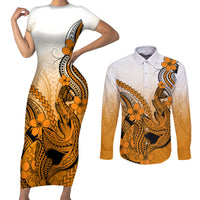 Hawaii Couples Matching Short Sleeve Bodycon Dress and Long Sleeve Button Shirts Polynesian Shark Tattoo With Plumeria Orange Gradient - Wonder Print Shop
