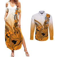 Hawaii Couples Matching Summer Maxi Dress and Long Sleeve Button Shirts Polynesian Shark Tattoo With Plumeria Orange Gradient - Wonder Print Shop