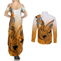 Hawaii Couples Matching Summer Maxi Dress and Long Sleeve Button Shirts Polynesian Shark Tattoo With Plumeria Orange Gradient - Wonder Print Shop