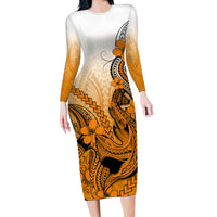 Hawaii Long Sleeve Bodycon Dress Polynesian Shark Tattoo With Plumeria Orange Gradient - Wonder Print Shop