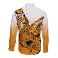 Hawaii Long Sleeve Button Shirt Polynesian Shark Tattoo With Plumeria Orange Gradient - Wonder Print Shop