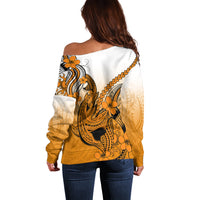 Hawaii Off Shoulder Sweater Polynesian Shark Tattoo With Plumeria Orange Gradient - Wonder Print Shop