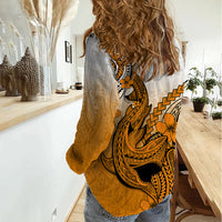 Hawaii Women Casual Shirt Polynesian Shark Tattoo With Plumeria Orange Gradient - Wonder Print Shop