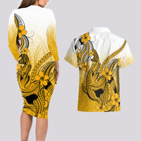 Hawaii Couples Matching Long Sleeve Bodycon Dress and Hawaiian Shirt Polynesian Shark Tattoo With Plumeria Gold Gradient - Wonder Print Shop