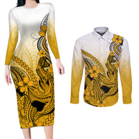 Hawaii Couples Matching Long Sleeve Bodycon Dress and Long Sleeve Button Shirts Polynesian Shark Tattoo With Plumeria Gold Gradient - Wonder Print Shop