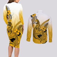 Hawaii Couples Matching Long Sleeve Bodycon Dress and Long Sleeve Button Shirts Polynesian Shark Tattoo With Plumeria Gold Gradient - Wonder Print Shop