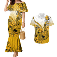 Hawaii Couples Matching Mermaid Dress And Hawaiian Shirt Polynesian Shark Tattoo With Plumeria Gold Gradient - Wonder Print Shop