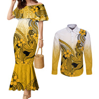 hawaii-couples-matching-mermaid-dress-and-long-sleeve-button-shirts-polynesian-shark-tattoo-with-plumeria-gold-gradient