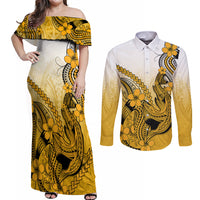 Hawaii Couples Matching Off Shoulder Maxi Dress and Long Sleeve Button Shirts Polynesian Shark Tattoo With Plumeria Gold Gradient - Wonder Print Shop