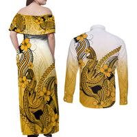Hawaii Couples Matching Off Shoulder Maxi Dress and Long Sleeve Button Shirts Polynesian Shark Tattoo With Plumeria Gold Gradient - Wonder Print Shop