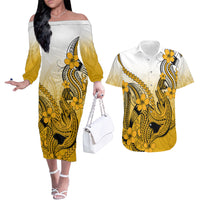 Hawaii Couples Matching Off The Shoulder Long Sleeve Dress and Hawaiian Shirt Polynesian Shark Tattoo With Plumeria Gold Gradient - Wonder Print Shop