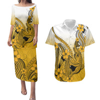 Hawaii Couples Matching Puletasi Dress and Hawaiian Shirt Polynesian Shark Tattoo With Plumeria Gold Gradient - Wonder Print Shop