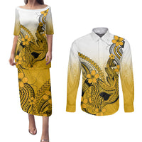 Hawaii Couples Matching Puletasi Dress and Long Sleeve Button Shirts Polynesian Shark Tattoo With Plumeria Gold Gradient - Wonder Print Shop
