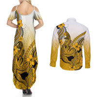 Hawaii Couples Matching Summer Maxi Dress and Long Sleeve Button Shirts Polynesian Shark Tattoo With Plumeria Gold Gradient - Wonder Print Shop