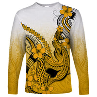 Hawaii Long Sleeve Shirt Polynesian Shark Tattoo With Plumeria Gold Gradient - Wonder Print Shop