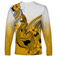 Hawaii Long Sleeve Shirt Polynesian Shark Tattoo With Plumeria Gold Gradient - Wonder Print Shop
