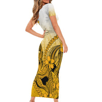 Hawaii Short Sleeve Bodycon Dress Polynesian Shark Tattoo With Plumeria Gold Gradient - Wonder Print Shop