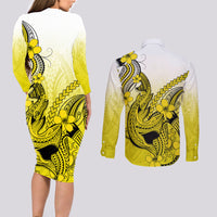 Hawaii Couples Matching Long Sleeve Bodycon Dress and Long Sleeve Button Shirts Polynesian Shark Tattoo With Plumeria Yellow Gradient - Wonder Print Shop