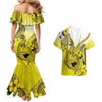 Hawaii Couples Matching Mermaid Dress And Hawaiian Shirt Polynesian Shark Tattoo With Plumeria Yellow Gradient - Wonder Print Shop