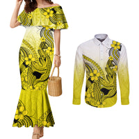 hawaii-couples-matching-mermaid-dress-and-long-sleeve-button-shirts-polynesian-shark-tattoo-with-plumeria-yellow-gradient