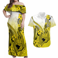 Hawaii Couples Matching Off Shoulder Maxi Dress and Hawaiian Shirt Polynesian Shark Tattoo With Plumeria Yellow Gradient - Wonder Print Shop