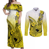 Hawaii Couples Matching Off Shoulder Maxi Dress and Long Sleeve Button Shirts Polynesian Shark Tattoo With Plumeria Yellow Gradient - Wonder Print Shop