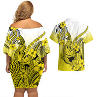 Hawaii Couples Matching Off Shoulder Short Dress and Hawaiian Shirt Polynesian Shark Tattoo With Plumeria Yellow Gradient - Wonder Print Shop
