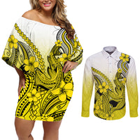 Hawaii Couples Matching Off Shoulder Short Dress and Long Sleeve Button Shirts Polynesian Shark Tattoo With Plumeria Yellow Gradient - Wonder Print Shop