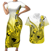 Hawaii Couples Matching Short Sleeve Bodycon Dress and Hawaiian Shirt Polynesian Shark Tattoo With Plumeria Yellow Gradient - Wonder Print Shop