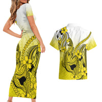Hawaii Couples Matching Short Sleeve Bodycon Dress and Hawaiian Shirt Polynesian Shark Tattoo With Plumeria Yellow Gradient - Wonder Print Shop