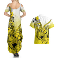 Hawaii Couples Matching Summer Maxi Dress and Hawaiian Shirt Polynesian Shark Tattoo With Plumeria Yellow Gradient - Wonder Print Shop