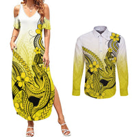Hawaii Couples Matching Summer Maxi Dress and Long Sleeve Button Shirts Polynesian Shark Tattoo With Plumeria Yellow Gradient - Wonder Print Shop