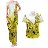 Hawaii Couples Matching Tank Maxi Dress And Hawaiian Shirt Polynesian Shark Tattoo With Plumeria Yellow Gradient - Wonder Print Shop