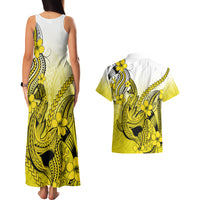 Hawaii Couples Matching Tank Maxi Dress And Hawaiian Shirt Polynesian Shark Tattoo With Plumeria Yellow Gradient - Wonder Print Shop