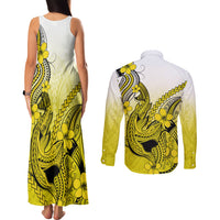 Hawaii Couples Matching Tank Maxi Dress and Long Sleeve Button Shirts Polynesian Shark Tattoo With Plumeria Yellow Gradient - Wonder Print Shop