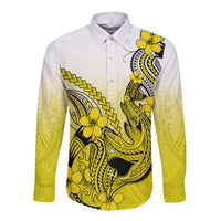 Hawaii Long Sleeve Button Shirt Polynesian Shark Tattoo With Plumeria Yellow Gradient - Wonder Print Shop