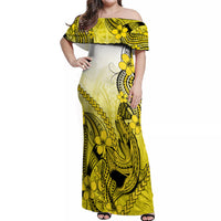 Hawaii Off Shoulder Maxi Dress Polynesian Shark Tattoo With Plumeria Yellow Gradient - Wonder Print Shop