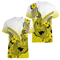 Hawaii Women V Neck T Shirt Polynesian Shark Tattoo With Plumeria Yellow Gradient - Wonder Print Shop