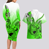 Hawaii Couples Matching Long Sleeve Bodycon Dress and Hawaiian Shirt Polynesian Shark Tattoo With Plumeria Green Gradient - Wonder Print Shop