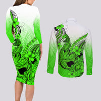 Hawaii Couples Matching Long Sleeve Bodycon Dress and Long Sleeve Button Shirts Polynesian Shark Tattoo With Plumeria Green Gradient - Wonder Print Shop