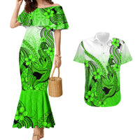 Hawaii Couples Matching Mermaid Dress And Hawaiian Shirt Polynesian Shark Tattoo With Plumeria Green Gradient - Wonder Print Shop