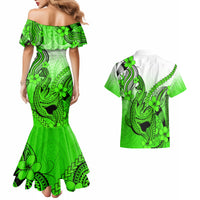 Hawaii Couples Matching Mermaid Dress And Hawaiian Shirt Polynesian Shark Tattoo With Plumeria Green Gradient - Wonder Print Shop