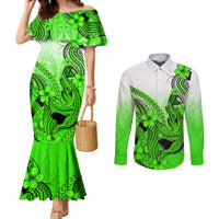 hawaii-couples-matching-mermaid-dress-and-long-sleeve-button-shirts-polynesian-shark-tattoo-with-plumeria-green-gradient