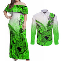Hawaii Couples Matching Off Shoulder Maxi Dress and Long Sleeve Button Shirts Polynesian Shark Tattoo With Plumeria Green Gradient - Wonder Print Shop