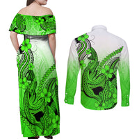 Hawaii Couples Matching Off Shoulder Maxi Dress and Long Sleeve Button Shirts Polynesian Shark Tattoo With Plumeria Green Gradient - Wonder Print Shop