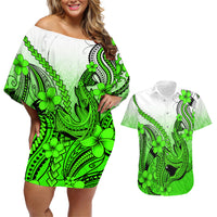 Hawaii Couples Matching Off Shoulder Short Dress and Hawaiian Shirt Polynesian Shark Tattoo With Plumeria Green Gradient - Wonder Print Shop