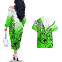 Hawaii Couples Matching Off The Shoulder Long Sleeve Dress and Hawaiian Shirt Polynesian Shark Tattoo With Plumeria Green Gradient - Wonder Print Shop
