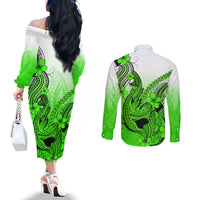 hawaii-couples-matching-off-the-shoulder-long-sleeve-dress-and-long-sleeve-button-shirts-polynesian-shark-tattoo-with-plumeria-green-gradient
