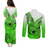 Hawaii Couples Matching Puletasi Dress and Long Sleeve Button Shirts Polynesian Shark Tattoo With Plumeria Green Gradient - Wonder Print Shop